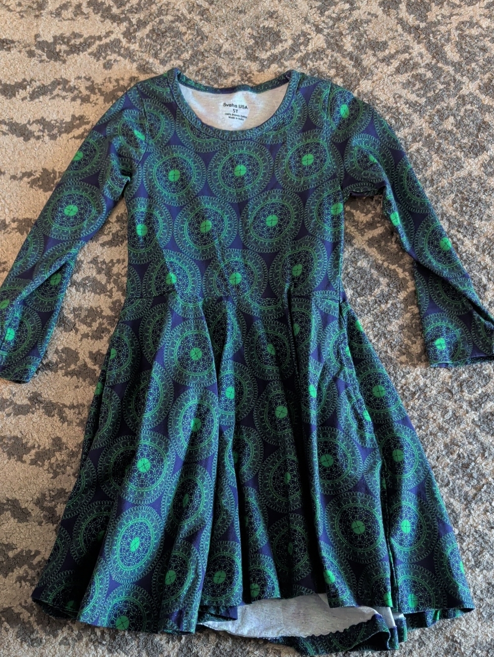 Girls' Long Sleeve Navy & Green Skater Dress